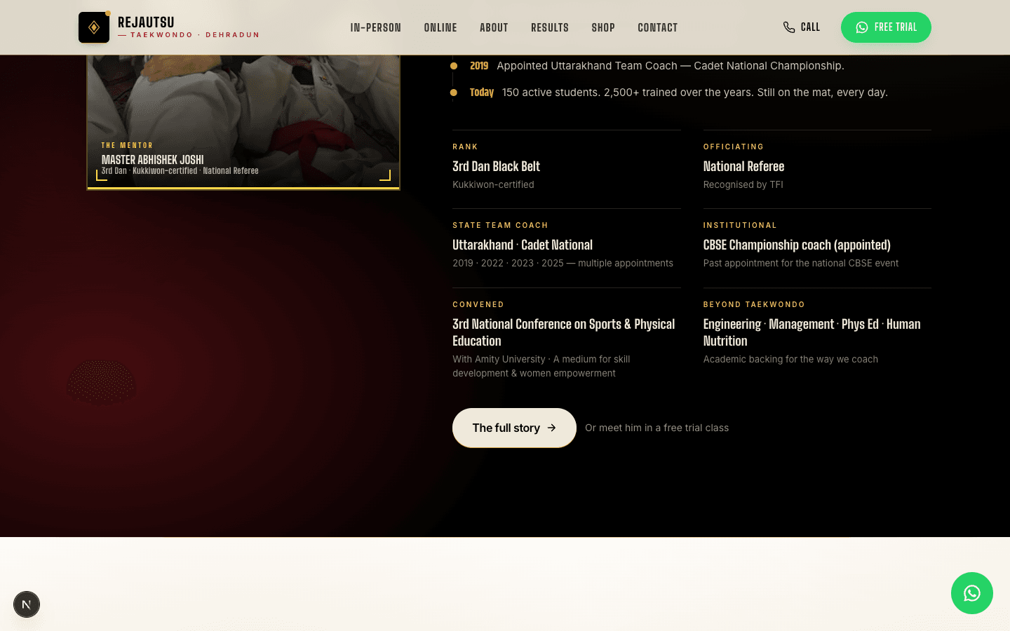 Master profile detail with credentials in a strict typographic grid.
